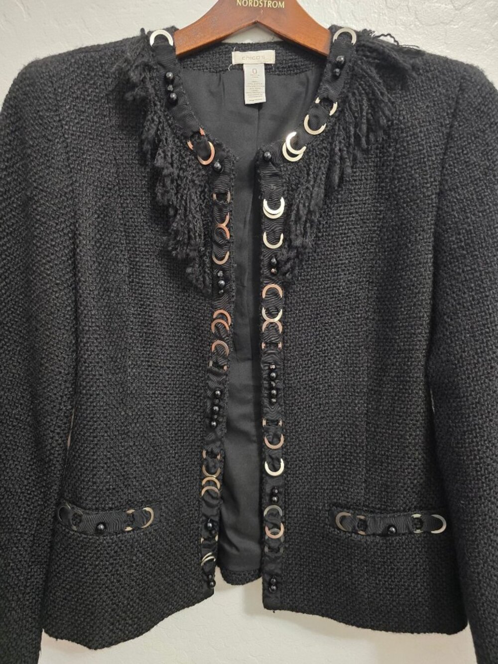 Chicos Size 0 Black Textured Prena Jacket With Beaded & Metal Ring - Picture 10 of 12